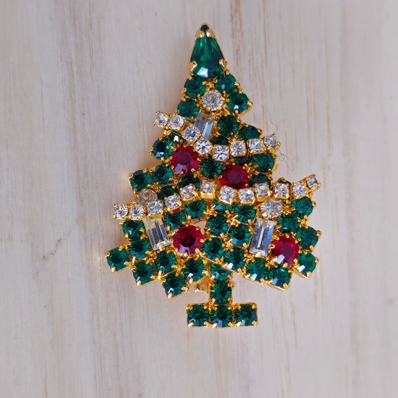 Eisenberg Ice Christmas Tree Pin Rhinestone Green Red Gold Tone‎ Brooch - Picture 8 of 16